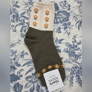 Tdays Floral Crew Socks - Olive & Cream with Mustard Flowers